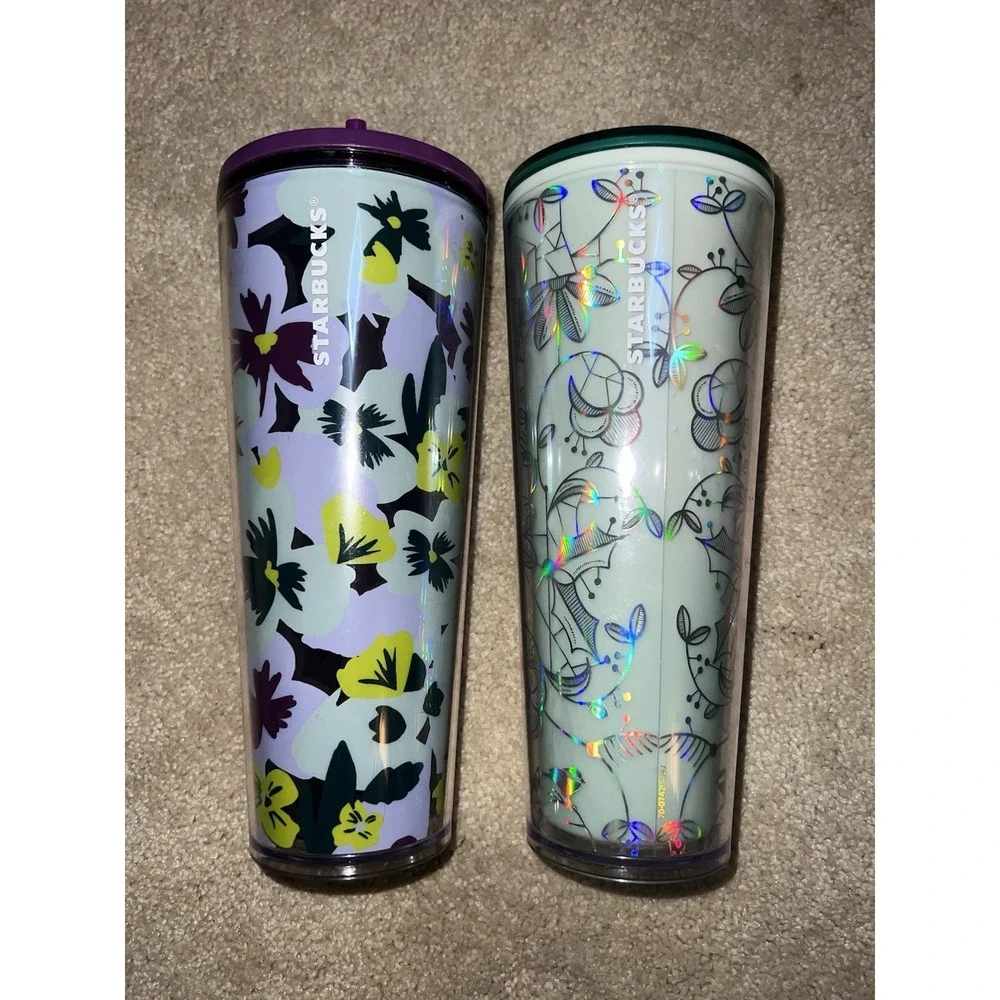 Lot of 2 Starbucks Venti Tumblers 24oz Pansy Floral & Mint Holographic‎